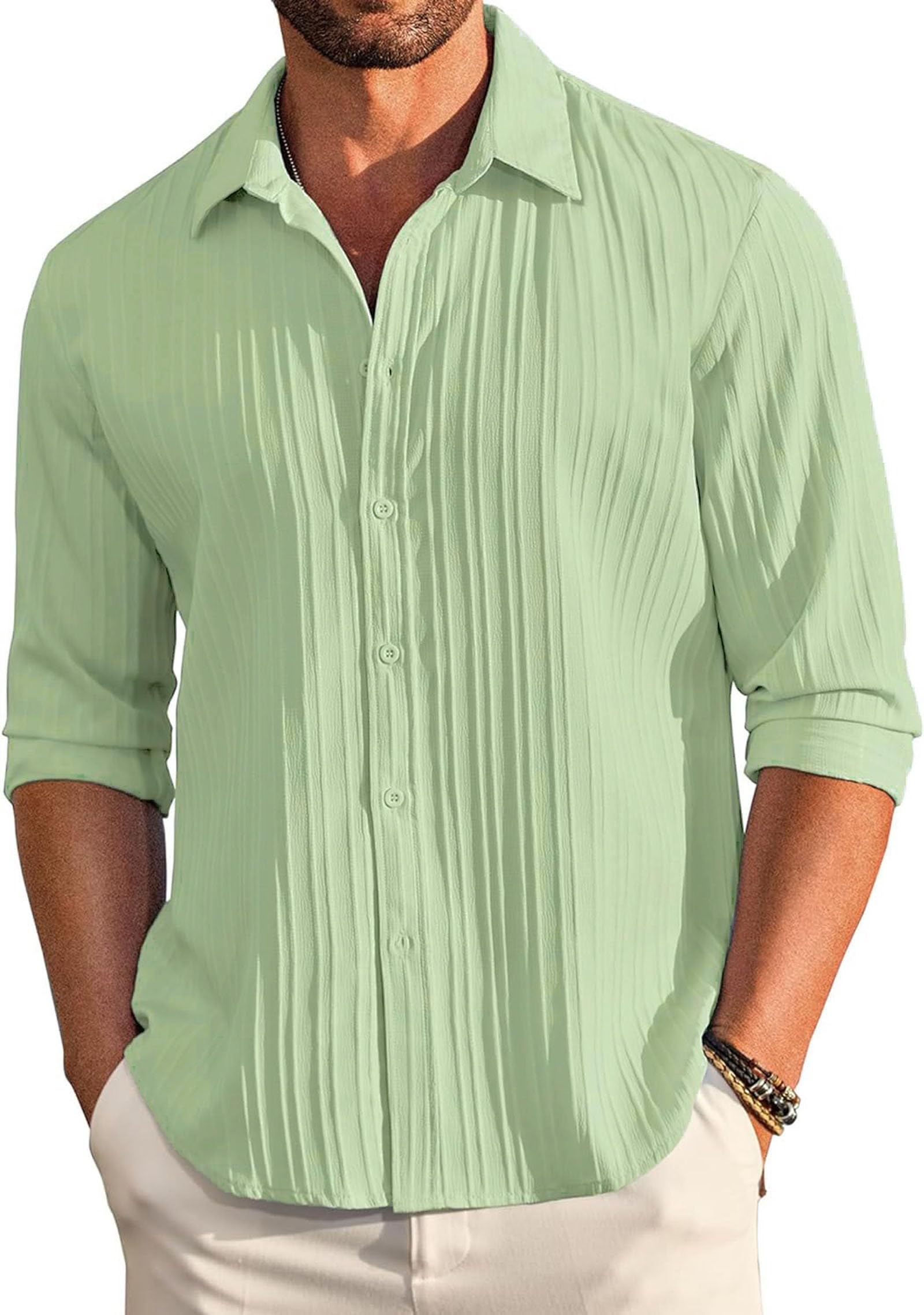 Deelmo MenS Button Down Dress Shirts Textured Long Sleeve Casual Hawaiian Beach Shirt Pista
