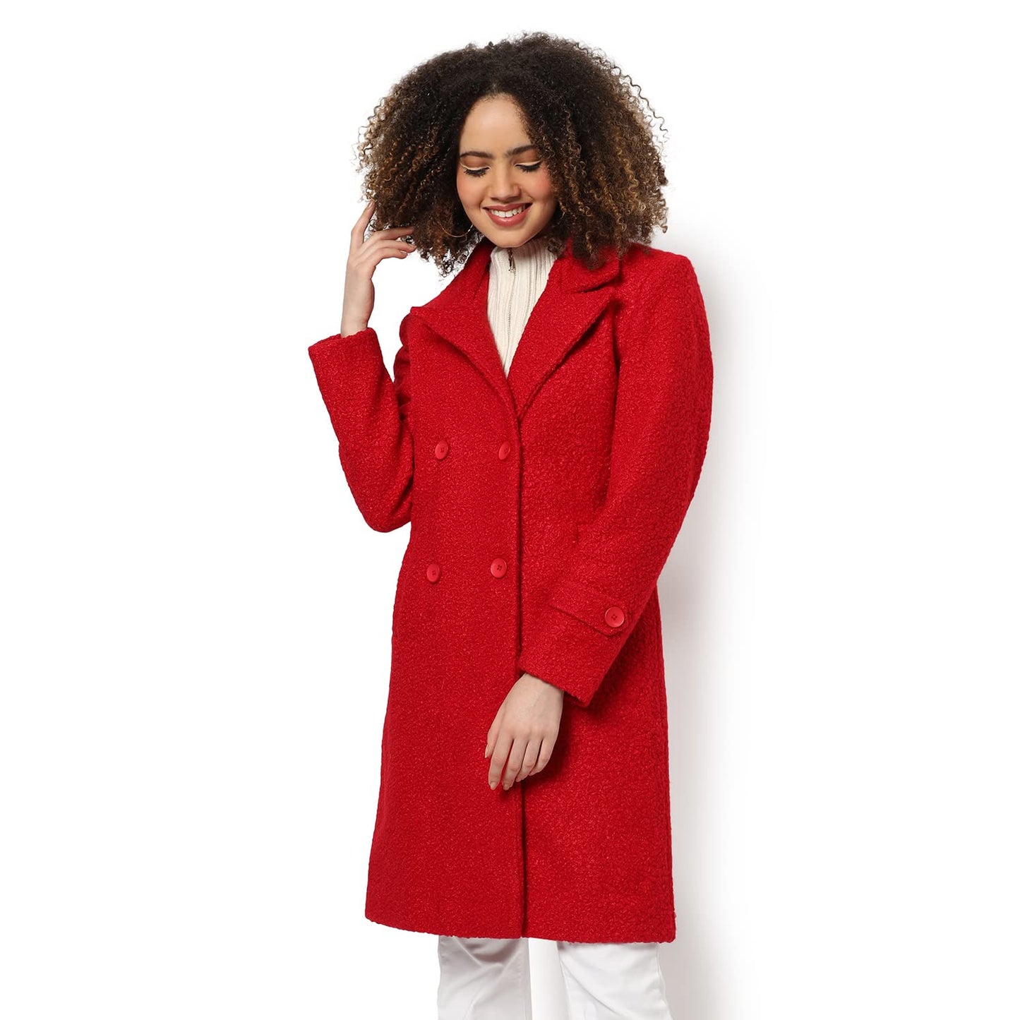 Campus Sutra Women Red Regular Fit Long Coat For Winter Wear | Collar Neck | Full Sleeve | Buttoned | Casual Jacket For Woman &