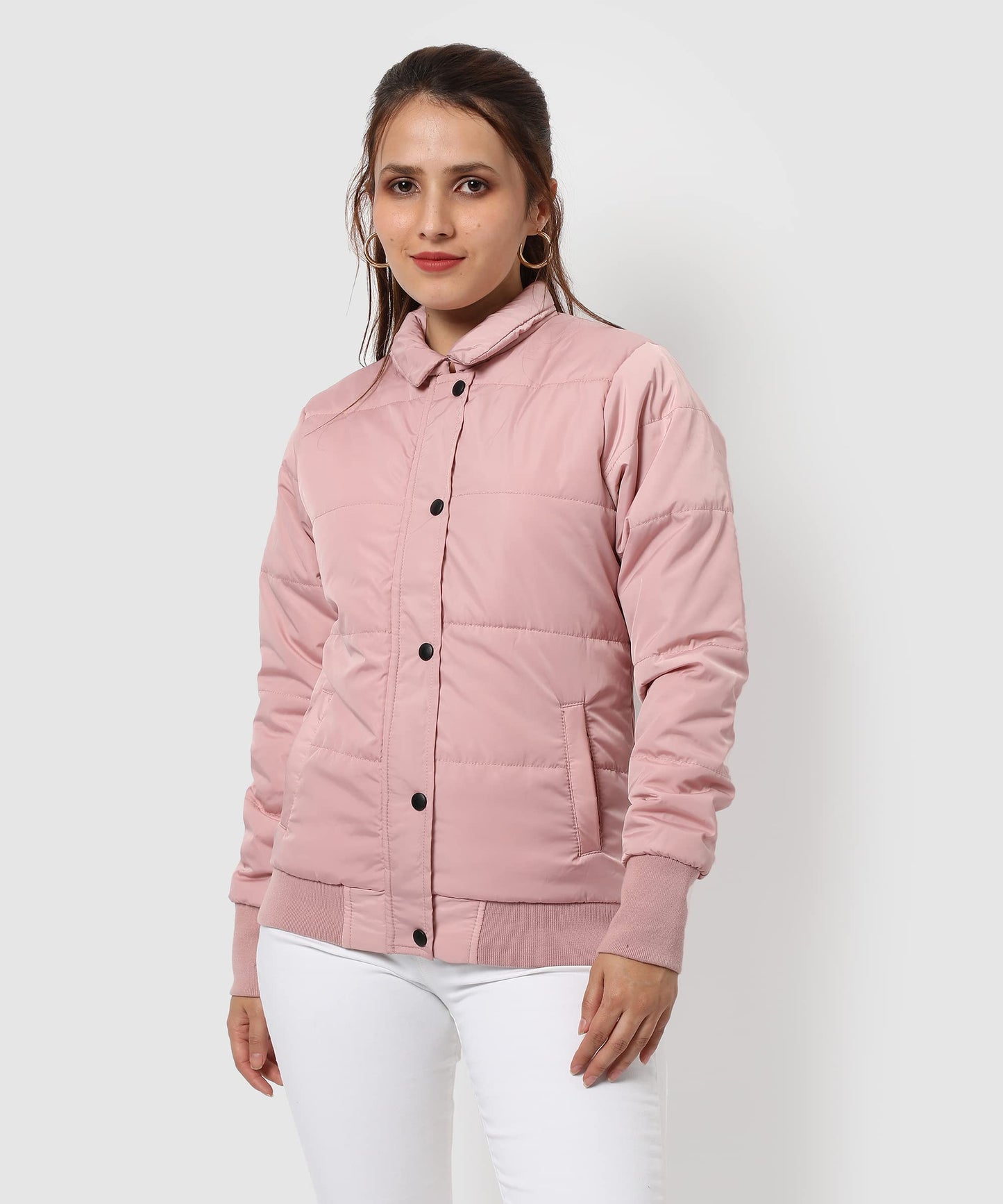 Campus Sutra Womens Pink Puffer Regular Fit Bomber Jacket For Winter Wear | Standing Collar | Full Sleeve | Buttoned | Casual J