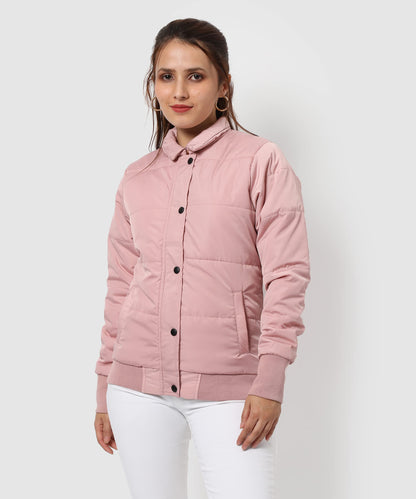 Campus Sutra Womens Pink Puffer Regular Fit Bomber Jacket For Winter Wear | Standing Collar | Full Sleeve | Buttoned | Casual J
