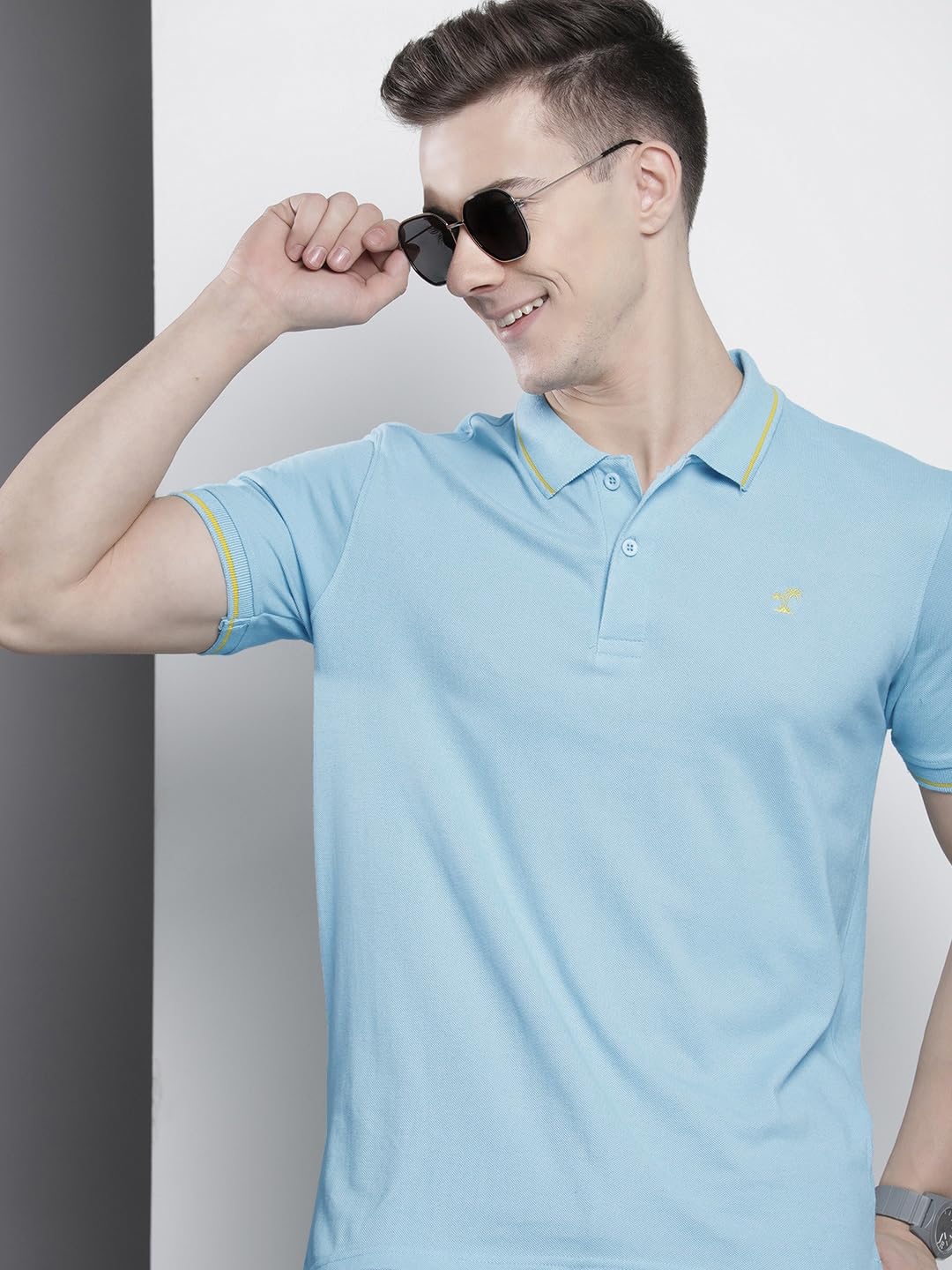 The Indian Garage Co Men Slim Fit Solid Polo Collar Tshirt Sky Blue