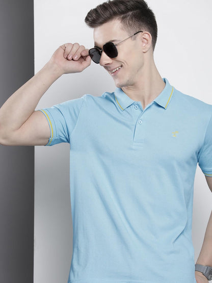The Indian Garage Co Men Slim Fit Solid Polo Collar Tshirt Sky Blue