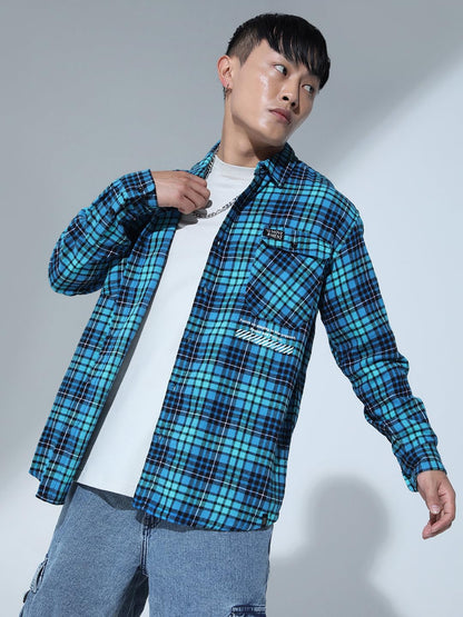 Hubberholme Men Blue Smart Casual Oversized Spread Collar Long Sleeves Shirt