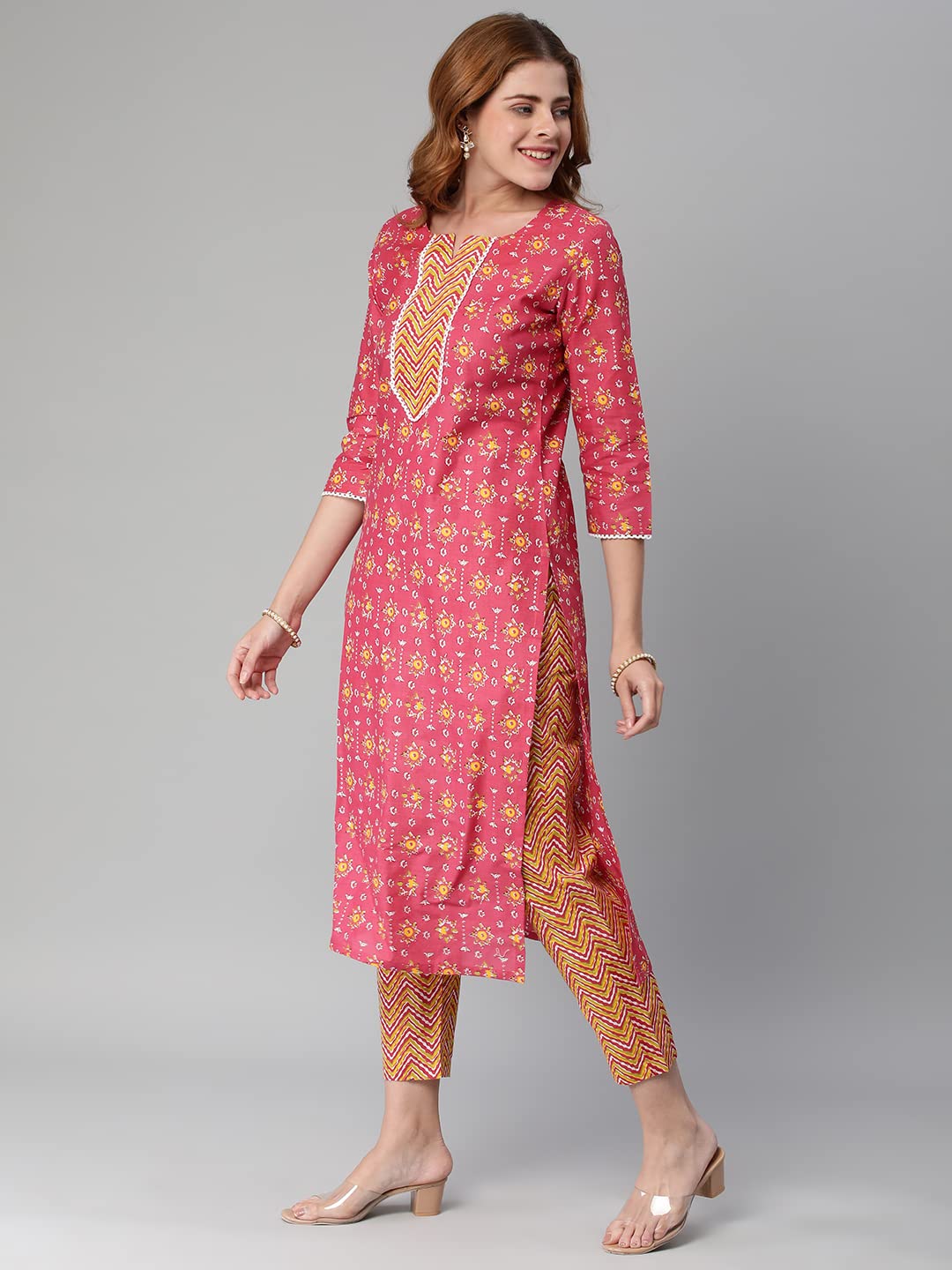 ANNI DESIGNER Women's Cotton Blend Traditional Straight Printed Kurta with Pant (Mikaa Pink-Nw5)