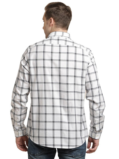 Turtle Men 100% Cotton Slim Fit White Checkered Full Sleeve Casual Shirt