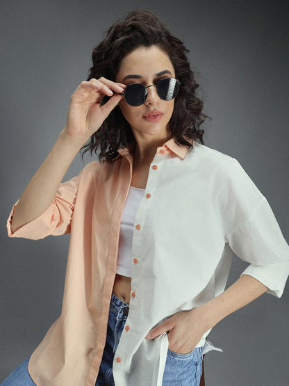 High Star Classic Oversized Colourblocked Spread Collar Long Sleeves Cotton Casual Shirt