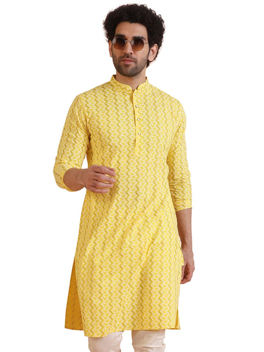 Kisah Men Yellow White Printed Straight Kurta Full Sleaves, Knee Length, Straight, Regular Fit, Mandarin Collar Ethnic Wear