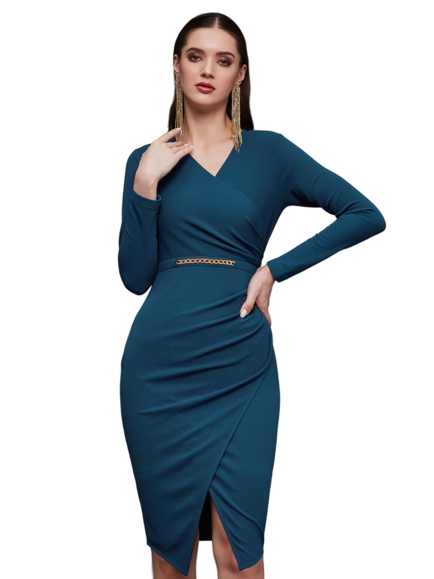 Miss Chase Womens V-Neck Full Sleeve Solid Dress (MCSS24D16-48-83-05, Teal, L)