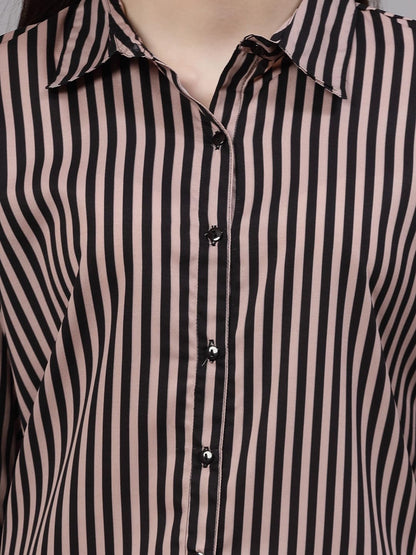 Style Quotient Women Nude and Black Striped Regular Formal Shirt