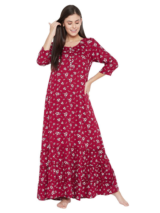 Clovia Women Cotton Maxi Casual Nightgown (NS1359P09XXL_Maroon_XXL)