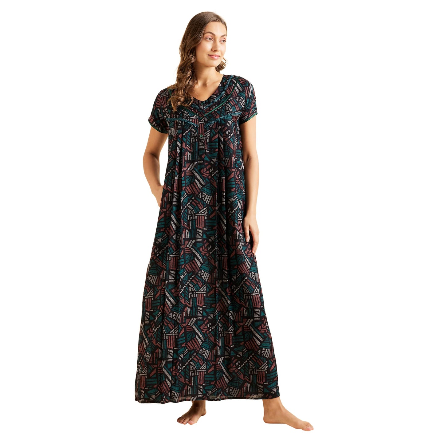 Sweet Dreams Women Printed Half Sleeves Maxi Nightgown