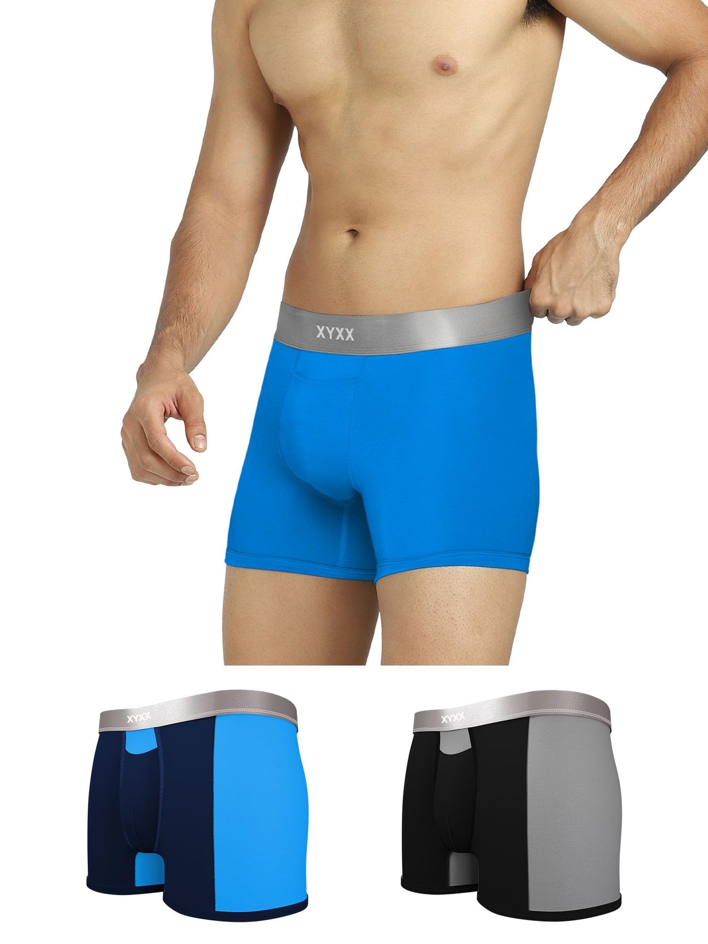 XYXX Mens Underwear Illuminati IntelliSoft Antimicrobial Micro Modal Trunk Pack of 3 (Black Iris & Brilliant Blue ; Brilliant B