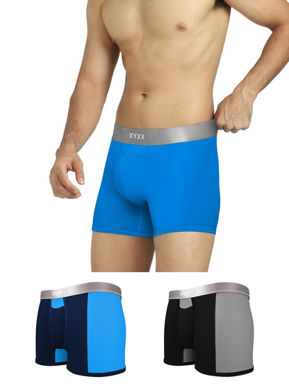 XYXX Mens Underwear Illuminati IntelliSoft Antimicrobial Micro Modal Trunk Pack of 3 (Black Iris & Brilliant Blue ; Brilliant B