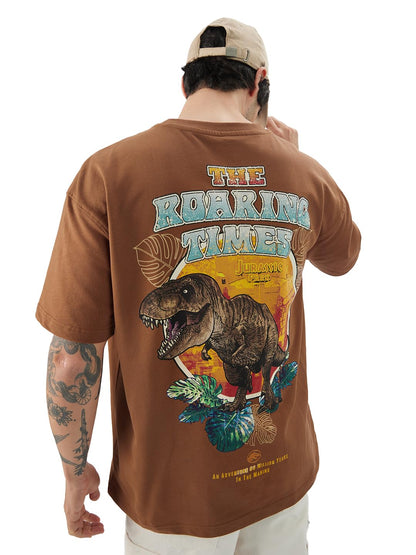 The Souled Store Official Jurassic Park: Roaring Times Men and Boys Short Sleeves Round Neck Brown Graphic Printed Cotton Oversi