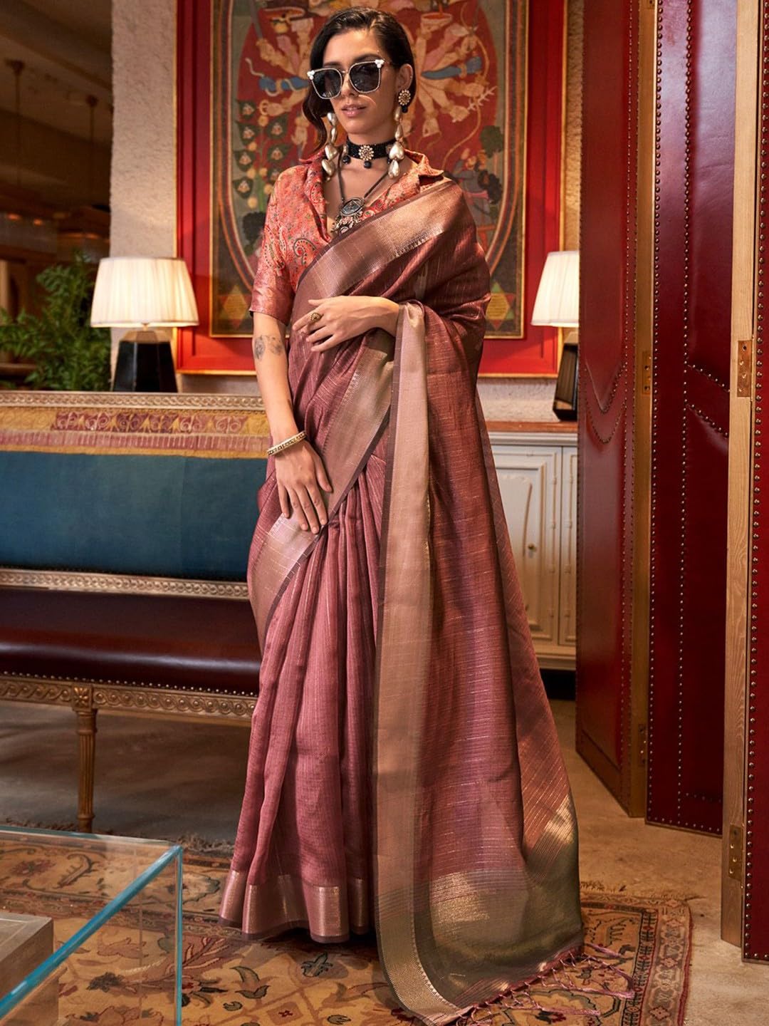 Madhuhansh Womens Soft Linen Saree With Unstitched Multicolor Paisley Blouse Piece Saree With Satin Border Comfortable Skin Frie