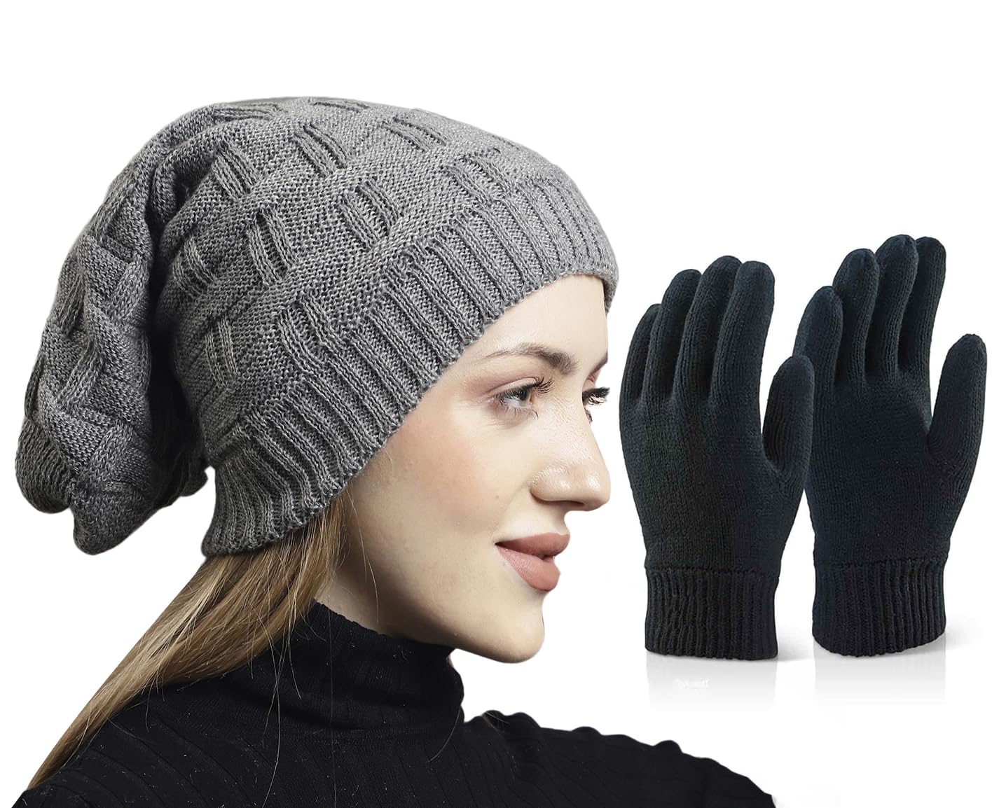 Weavers Villa Set of Snow Proof Inside Fur Acro Wool Unisex Beanie Cap Knit Hat Thick Fleece Lined Winter Cap and Gloves for Men