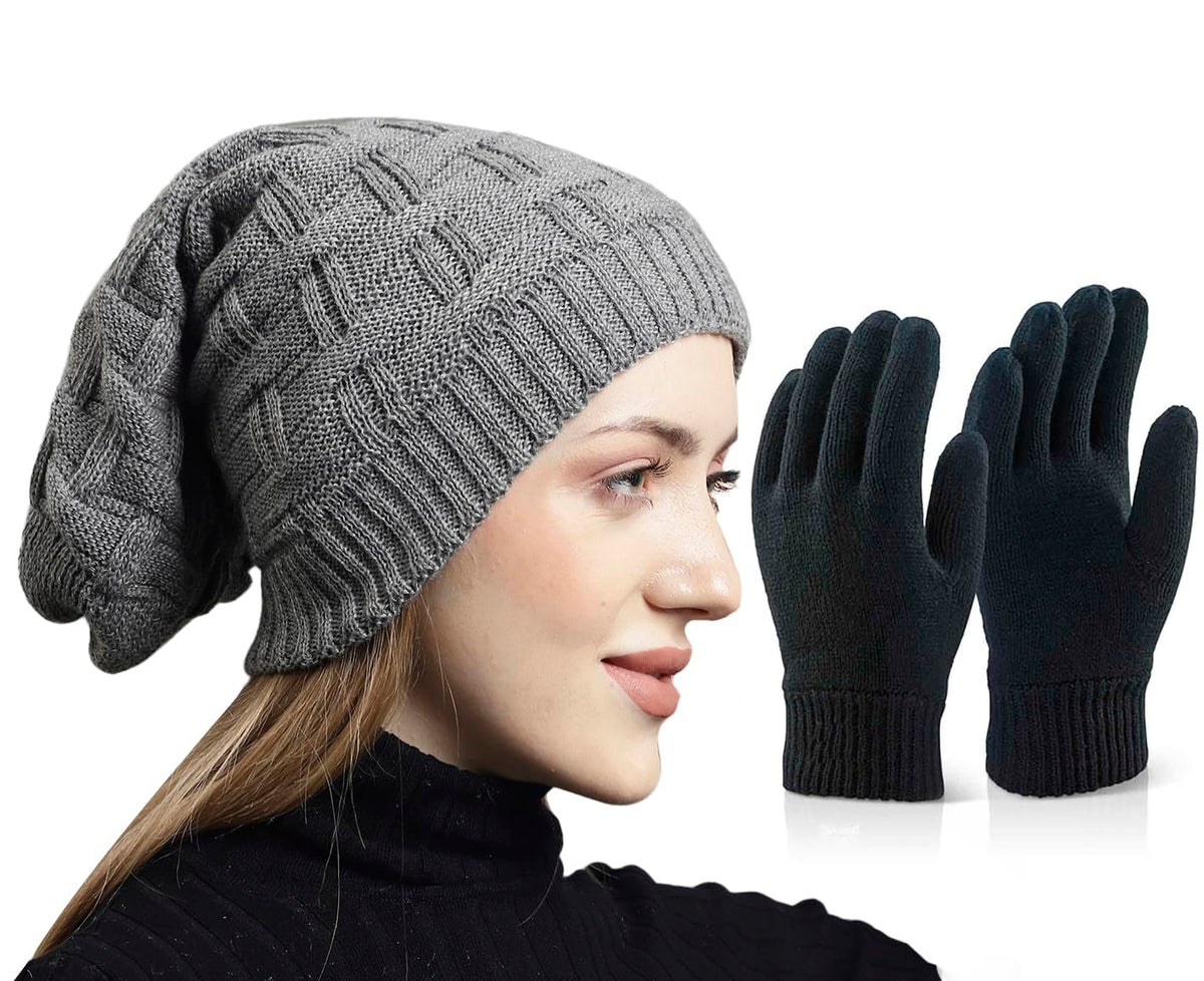 Weavers Villa Set of Snow Proof Inside Fur Acro Wool Unisex Beanie Cap Knit Hat Thick Fleece Lined Winter Cap and Gloves for Men