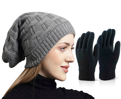 Weavers Villa Set of Snow Proof Inside Fur Acro Wool Unisex Beanie Cap Knit Hat Thick Fleece Lined Winter Cap and Gloves for Men