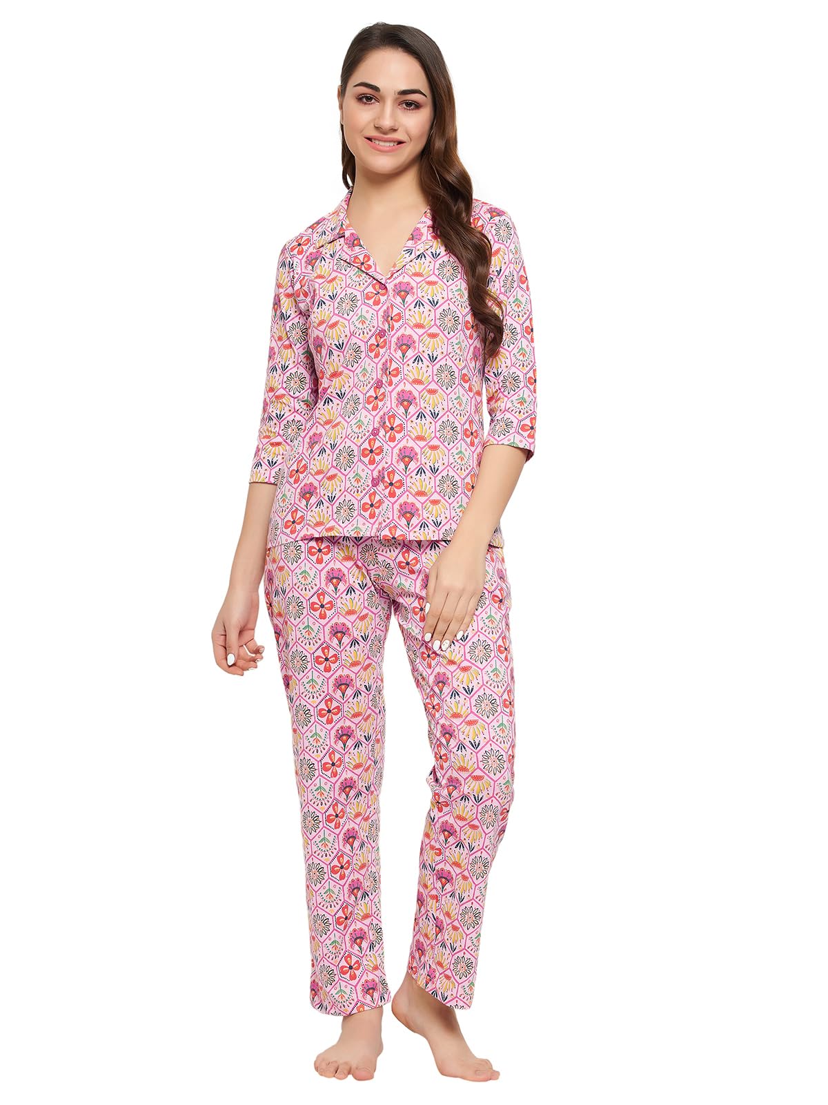 Clovia Womens Cotton Floral Print Button Down Shirt & Pyjama Set (LS0585P12_Purple_XXL)