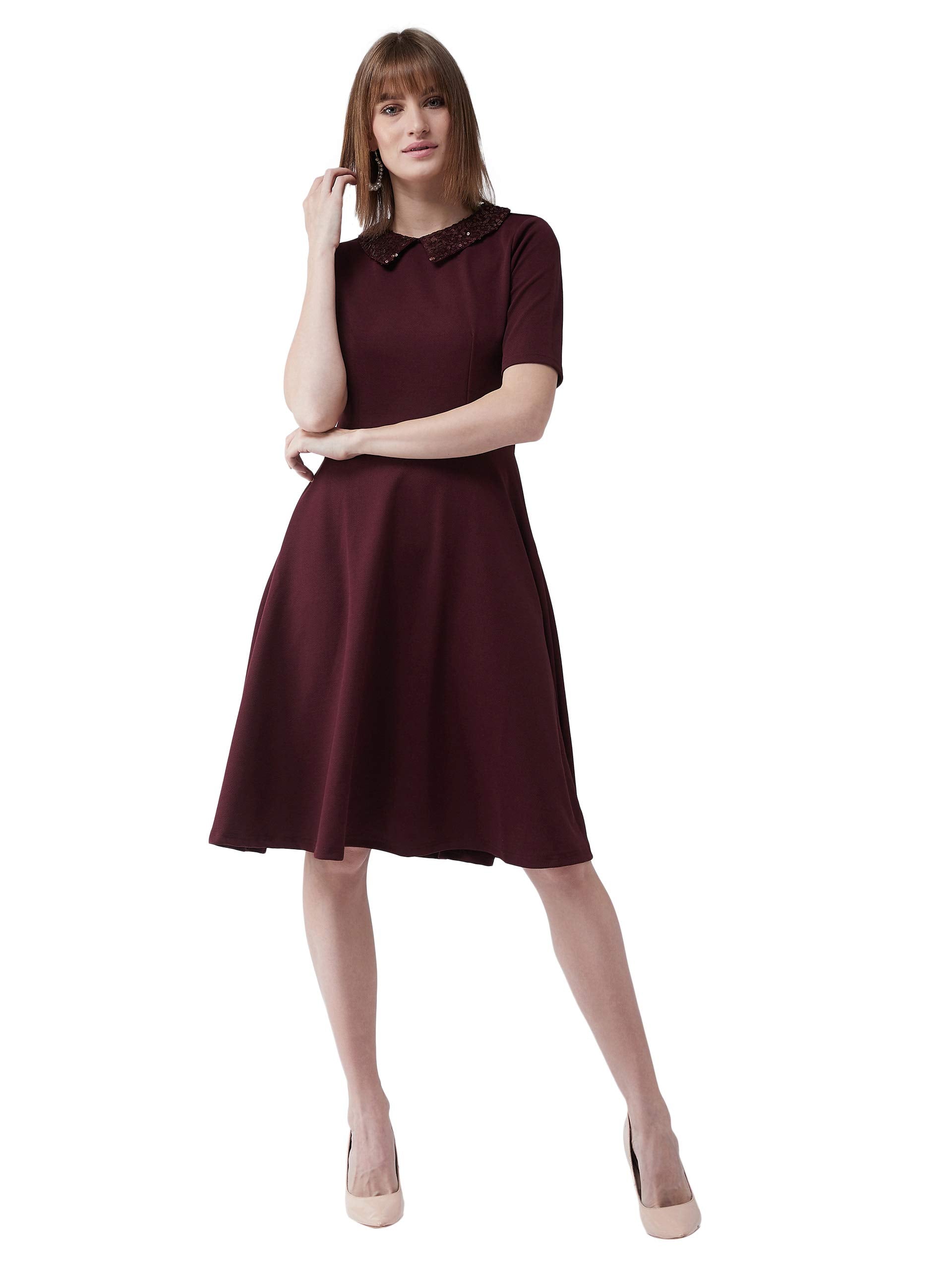 Miss Chase WomenS Wine Red Collared Round Neck Half Sleeve Solid Knee-Long Skater Dress With Buttoned Closure (Mcss20D99-43-184