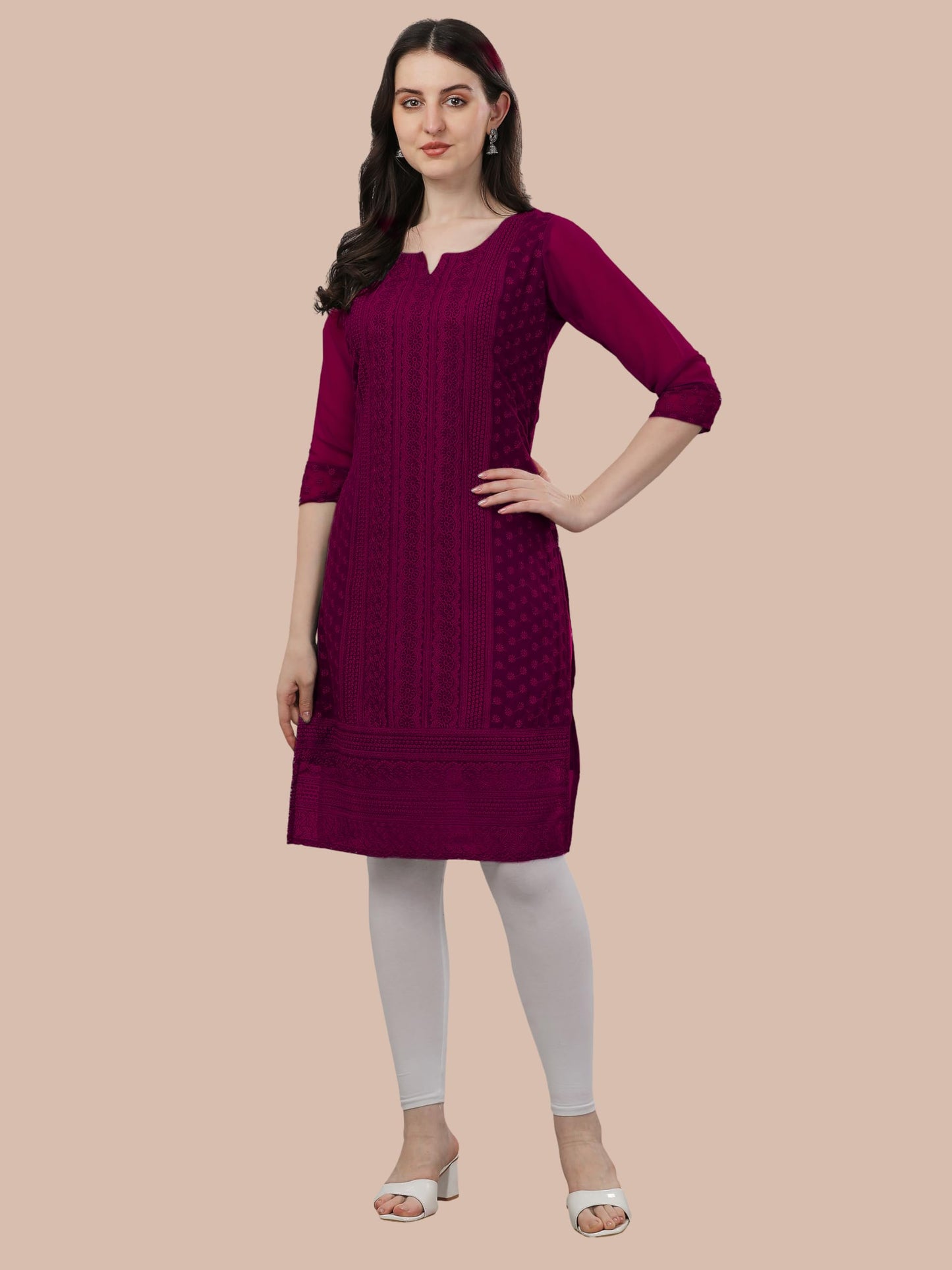 TRILLMIXA Womens Georgette Chikankari Embroidery Knee-Length Kurti for Girls Metallic