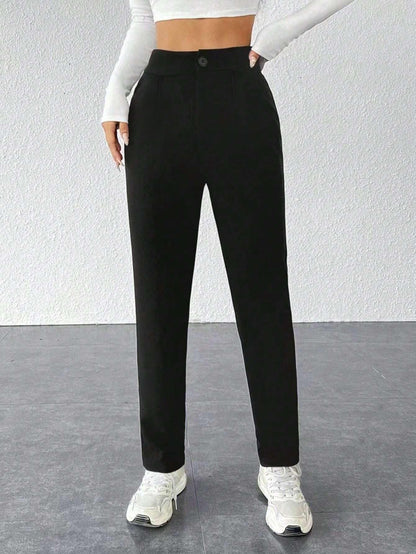 Toochki Womens High Waist Straight Fit Trousers | Black Solid Korean Stretchable Pants for Women | Regular Fit Elastic Waist Ful