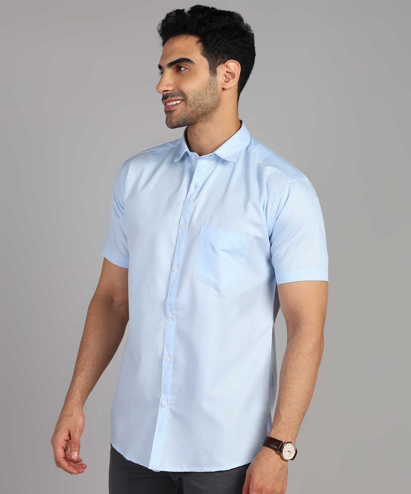 Mildin MenS Regular Cotton Blend Light Blue Slim Fit Solid Button Down Spread Collar Half Sleeve Curved Hemline Formal Shirt Wi