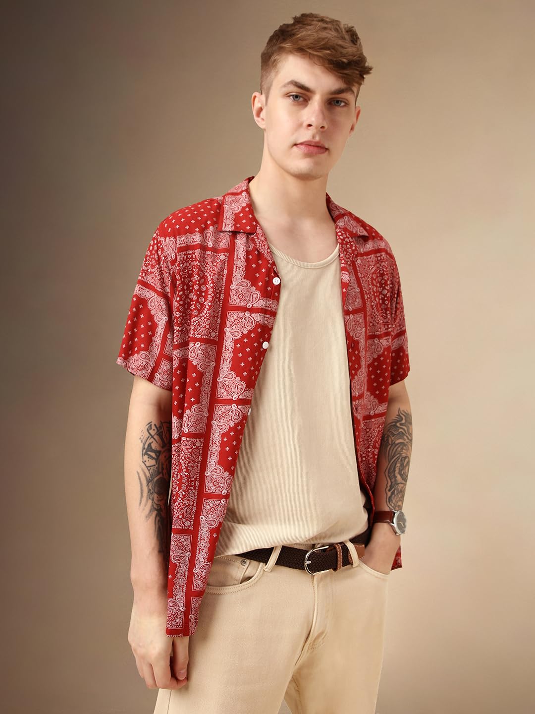Dennis Lingo Men Red Rayon Half Sleeve Cuban Collar Printed Shirts