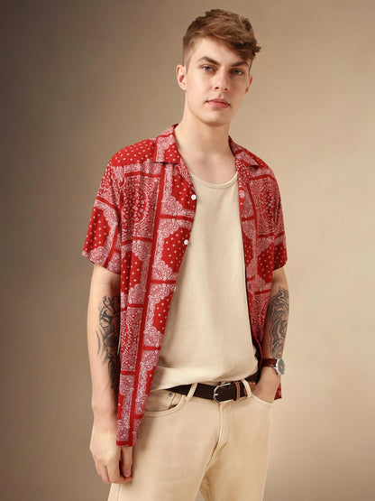 Dennis Lingo Men Red Rayon Half Sleeve Cuban Collar Printed Shirts