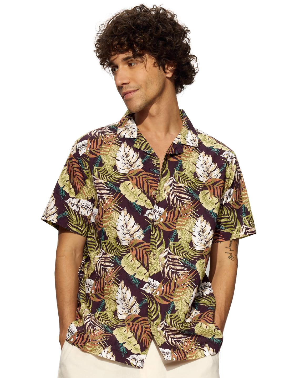 The Souled Store Just Leafy Men and Boys Short Sleeves Collared Neck Button Front Multicolor All Over Printed Cotton Holiday Shi