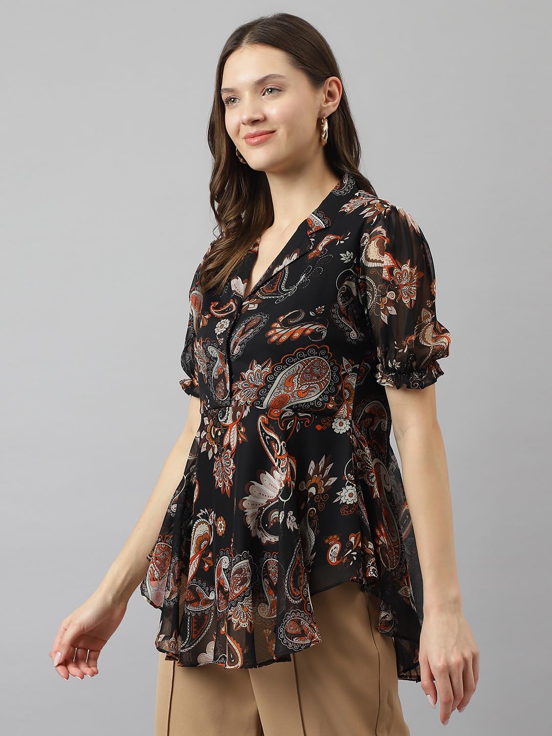 Toochki Black Georgette Paisley Printed Flared Western top for Womens Suitable to wear in Summer with Latest Trending Style
