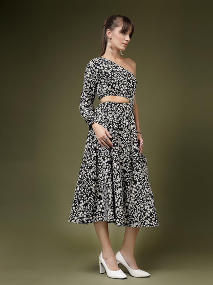 Oomph! WomenS Western & Fusion Wear Printed Crepe Dress For Women, One Shoulder, Black - Md1064