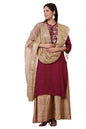 Aurelia Women's Dark Pink Zari Embroidered Straight Kurta, Flared Skirt and Dupatta Set (Size: S)-ONAS13476-702839