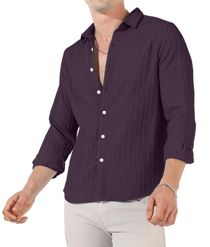 Finivo Fashion MenS Cotton Casual Striped Button Down Shirts Long Sleeve Textured Summer Beach Shirt For Men Purple