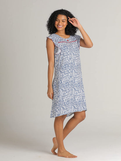 Evolove WomenS Viscose Liva Knee Length Short Night Gown Nighty Dress With Pocket, Super Soft Comfortable (Blue & White, Sngry3