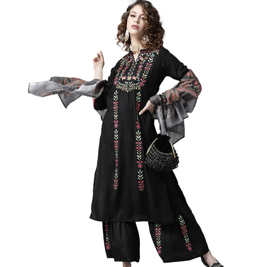 ishin Women's Viscose Rayon Black Embroidered & Thread Work A-Line Kurta Suit Set with Dupatta & Sharara
