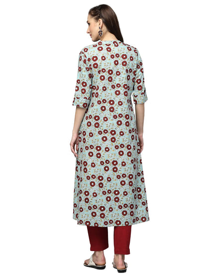 Stylum Women's Printed Cotton A-Line Kurta (Turquoise Blue)