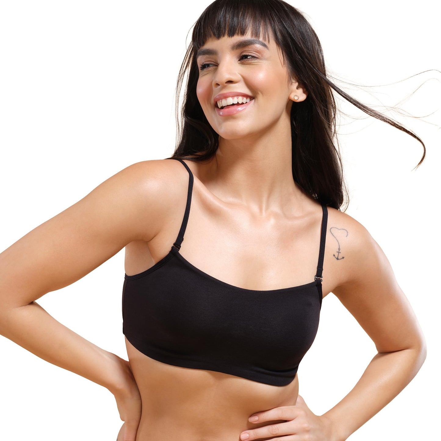 Enamor A022 Basic Cotton Stretch Cami with Detachable Straps Bra - Non-Padded Wirefree High Coverage - Black