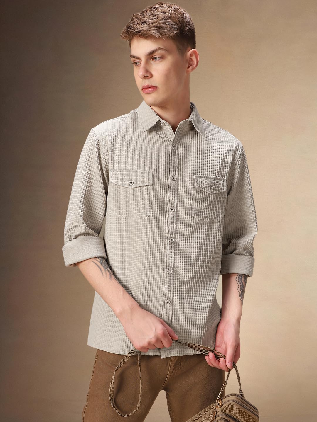 Dennis Lingo Relaxed Fit Full Sleeves Spread Collar Textured Men Shirt Beige