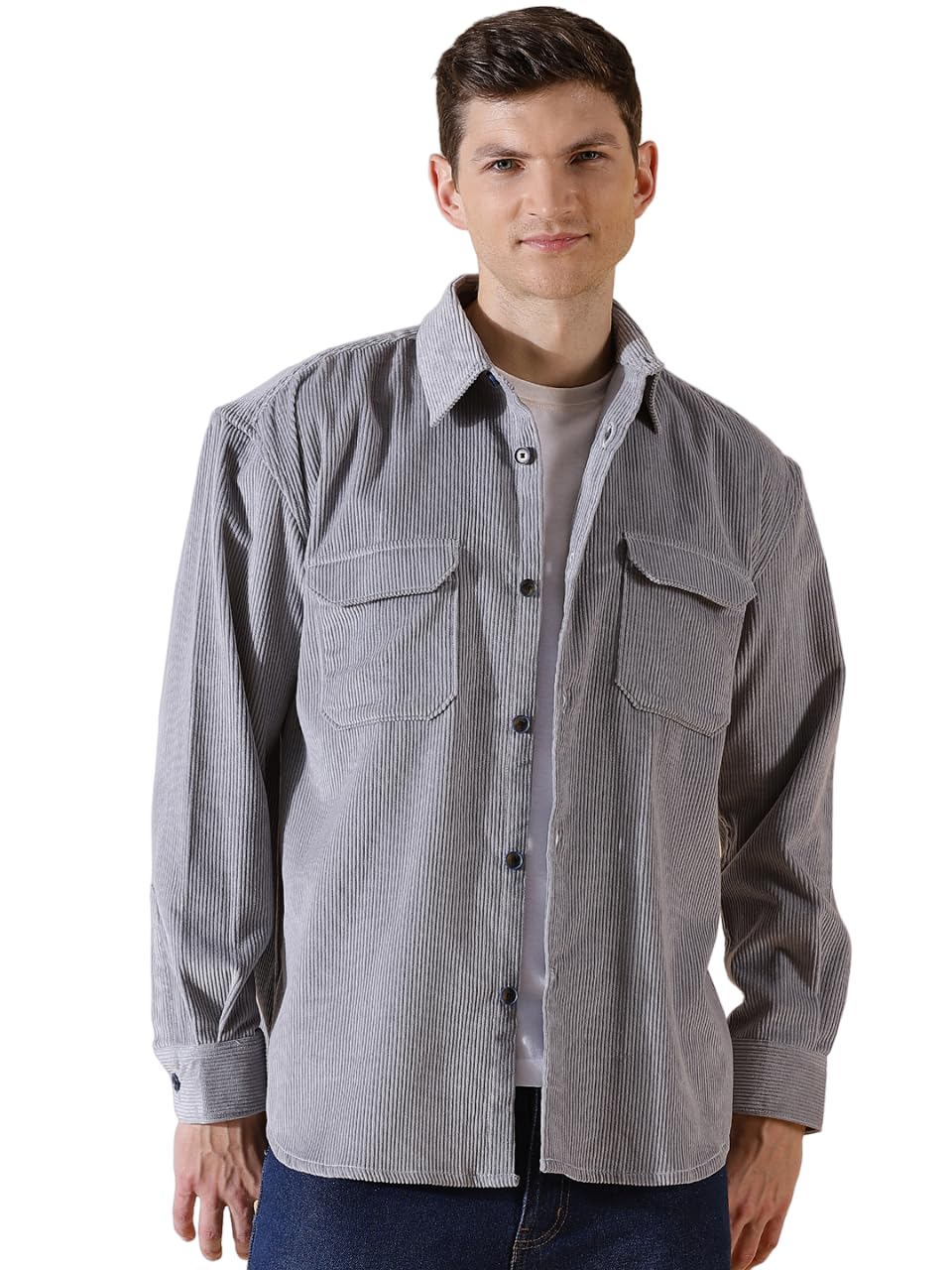 Thomas Scott Mens | Full Sleeve | Corduroy | Double Pockets | Relaxed Fit | 100% Cotton | Spread Collar | Casual | Shirts (Grey_