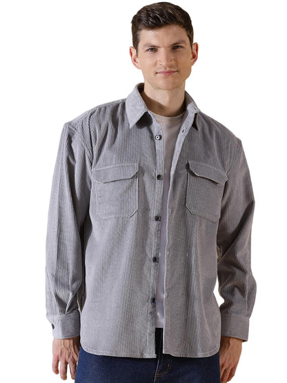 Thomas Scott Mens | Full Sleeve | Corduroy | Double Pockets | Relaxed Fit | 100% Cotton | Spread Collar | Casual | Shirts (Grey_