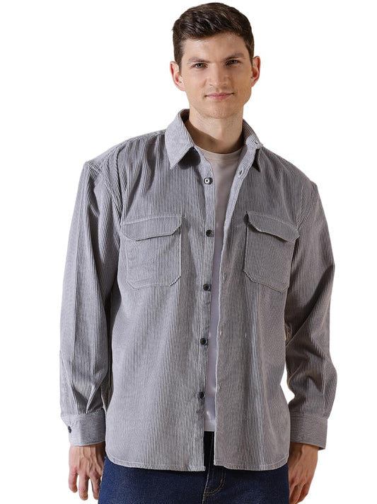 Thomas Scott Mens | Full Sleeve | Corduroy | Double Pockets | Relaxed Fit | 100% Cotton | Spread Collar | Casual | Shirts (Grey_