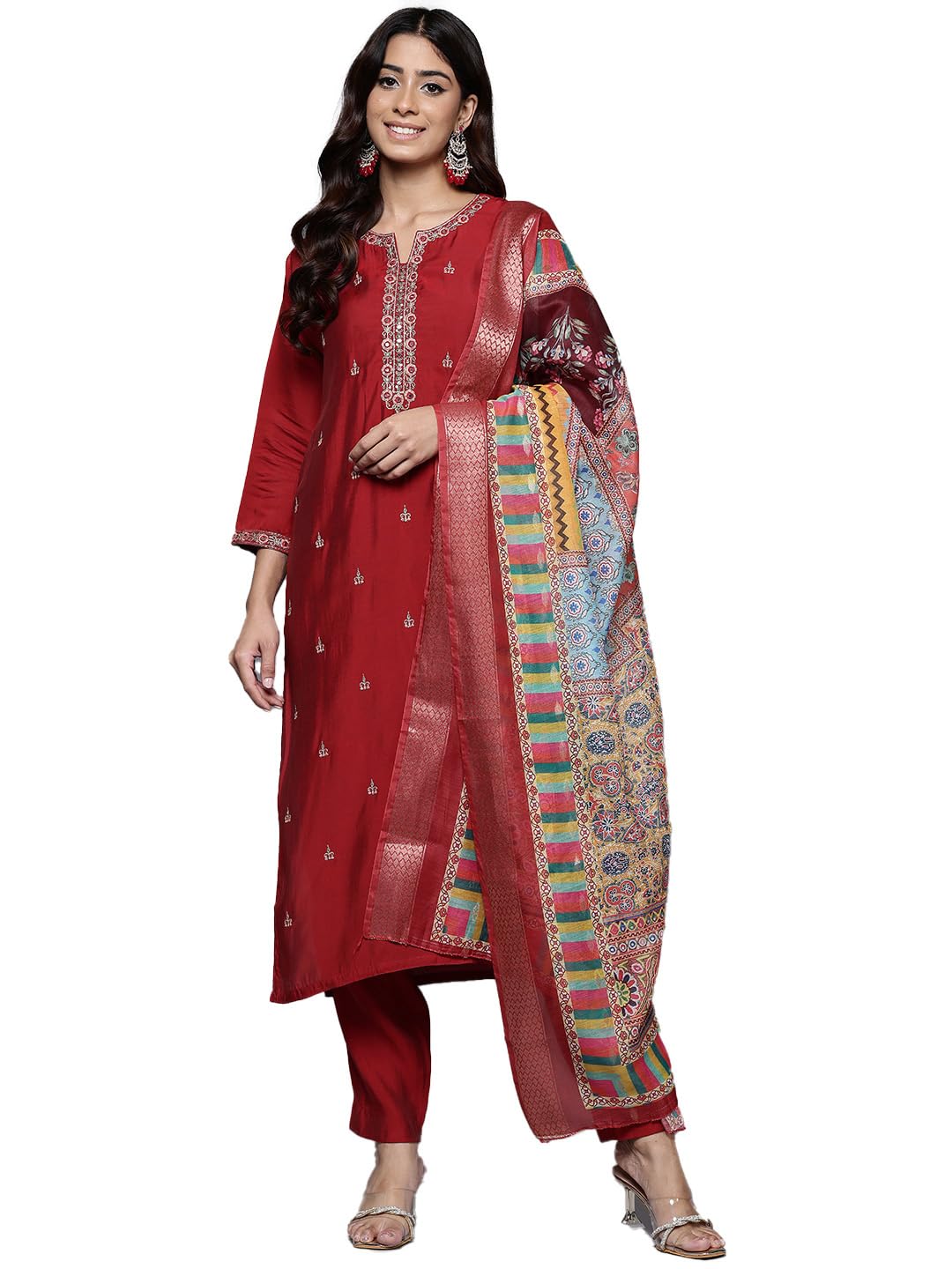 Varanga Women Red Round Neck Placement Embroidered Kurta Paired With Tonal Bottom & Printed Dupatta-Karva Chauth Special