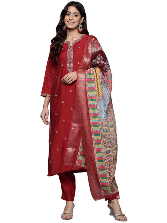 Varanga Women Red Round Neck Placement Embroidered Kurta Paired With Tonal Bottom & Printed Dupatta-Karva Chauth Special