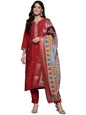 Varanga Women Red Round Neck Placement Embroidered Kurta Paired With Tonal Bottom & Printed Dupatta-Karva Chauth Special