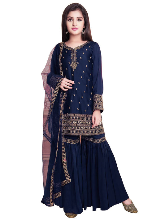 White Button New GirlS Sharara Style Georgette Salwar Suit For Kids