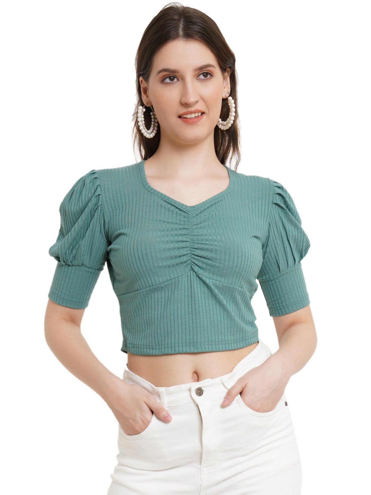 POPWINGS Casual Puff-Sleeves Ribbed Crop Top for Women || Sweet Heart Neck Summer Crop Top for Women || Crop Tops for Women Late