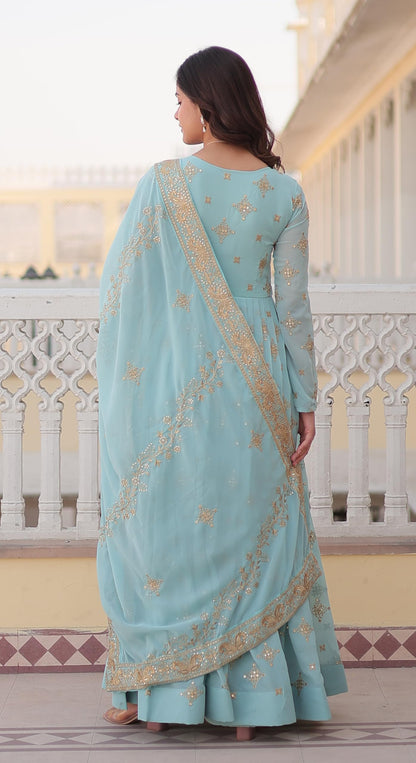 Wedani Anarkali Kurta Set, Georgette with Sequin Embroidery, XL, Sky Blue, Model E6247