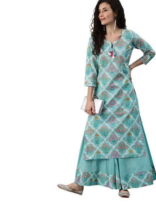 ishin Women's Pure Cotton Blue Zari Embroidered A-Line Kurta Set with Sharara