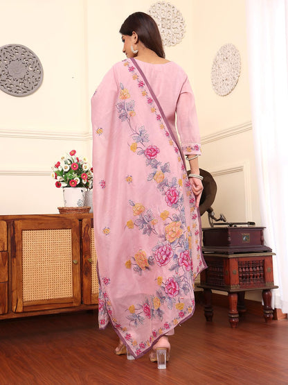 Varanga Women Pure Mauve Kantha Hand Embroidered Kurta Set With Dupatta